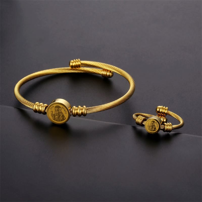 Christianartworkshop Armband- und Ringset mit Medaille des Heiligen Benedikt aus gedrehtem Kabel: Heiliges Symbol göttlichen Schutzes - Armband & Ring - image 1