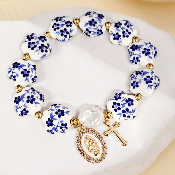 Christianartworkshop Florales Keramik-Porzellan-Armband mit Marienmedaille und Kreuzanhänger (3 Ausführungen) - Blau - image 5