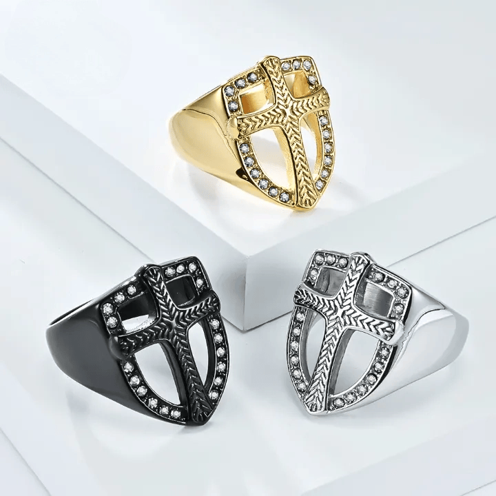 Christianartworkshop Schildförmiger Hohlkreuz-Zirkonring: 3 Farboptionen – Schmuck für Krieger des heiligen Glaubens - image 1