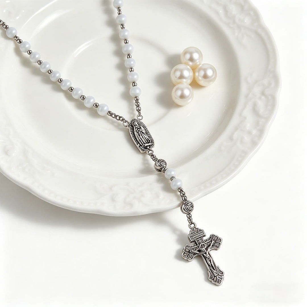 Christianartworkshop Leuchtender weißer Rosenkranz aus Katzenaugenstein mit Marienmedaille und kunstvollem Kruzifix - image 12