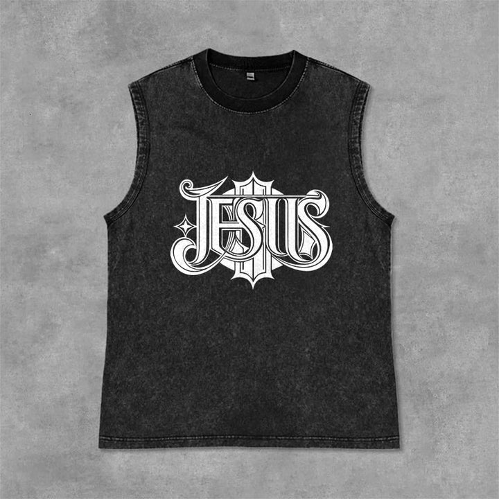 Christianartworkshop JESUS ​​Gothic Letter Unisex Washed Tank Top - Schwarz - 2XL - image 0