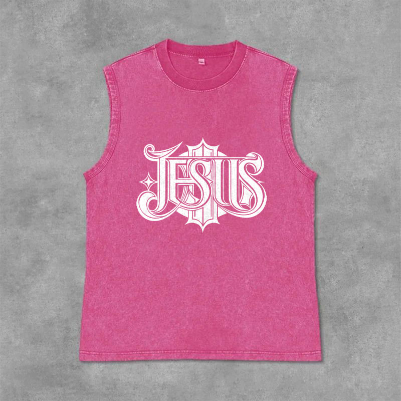 Christianartworkshop JESUS ​​Gothic Letter Unisex Washed Tank Top - Rosa - 2XL - image 12