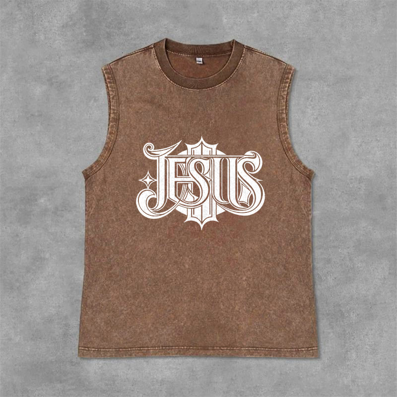 Christianartworkshop JESUS ​​Gothic Letter Unisex Washed Tank Top - Braun - 2XL - image 6