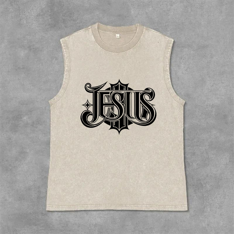 Christianartworkshop JESUS ​​Gothic Letter Unisex Washed Tank Top - Beige - 2XL - image 9