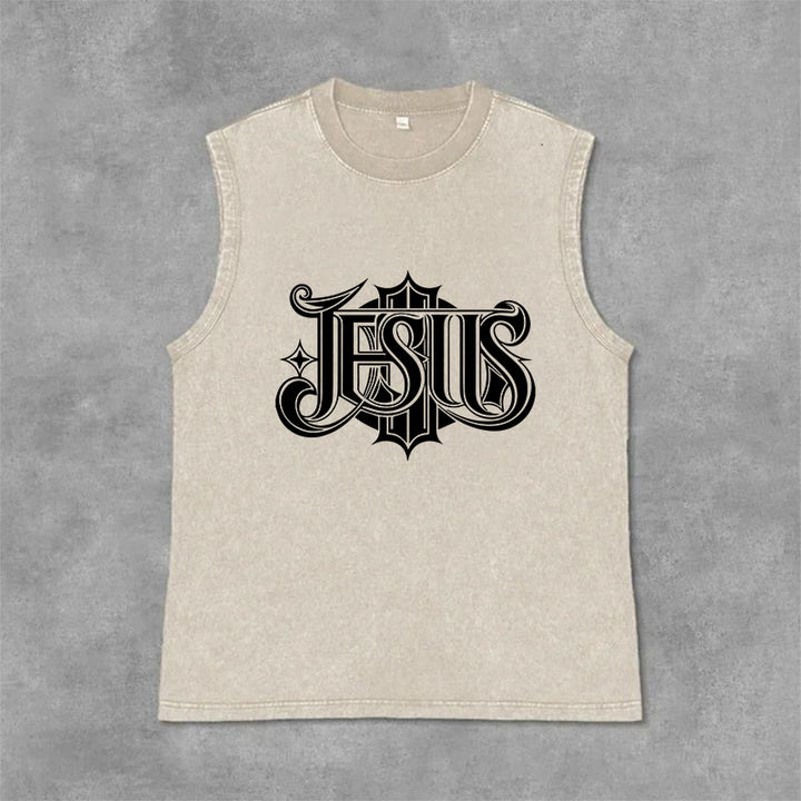 Christianartworkshop JESUS ​​Gothic Letter Unisex Washed Tank Top - Beige - 2XL - image 9