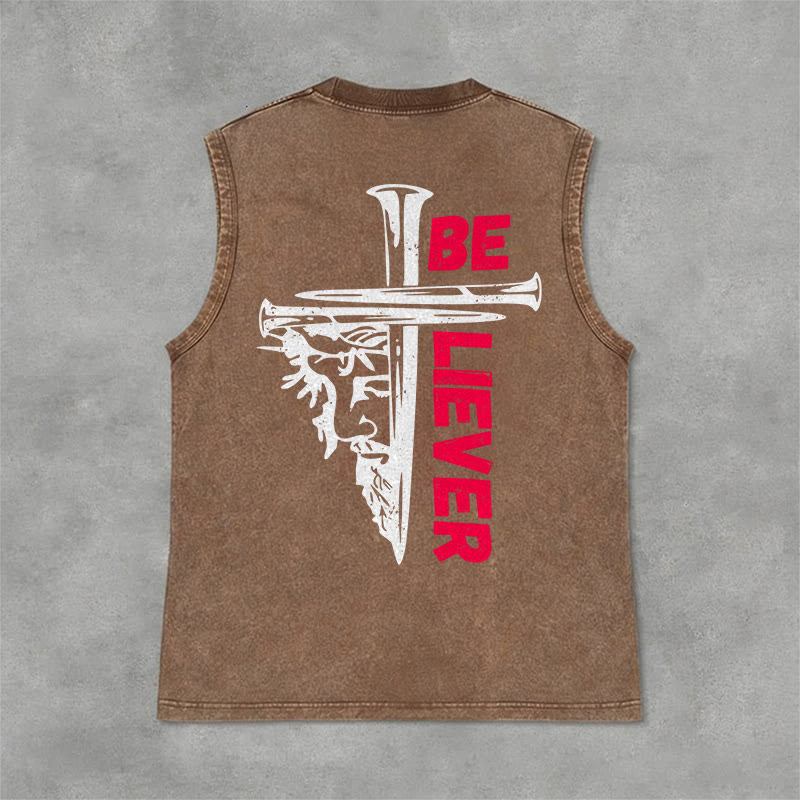 Christianartworkshop Be Believer Nail Cross Unisex Washed Tank Top - Braun - 2XL - image 9