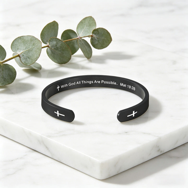 Christianartworkshop Armband mit Kreuzanhänger (Matthäus 19,26): Mit Gott ist alles möglich (Glaubenssymbol) - Schwarz - image 4