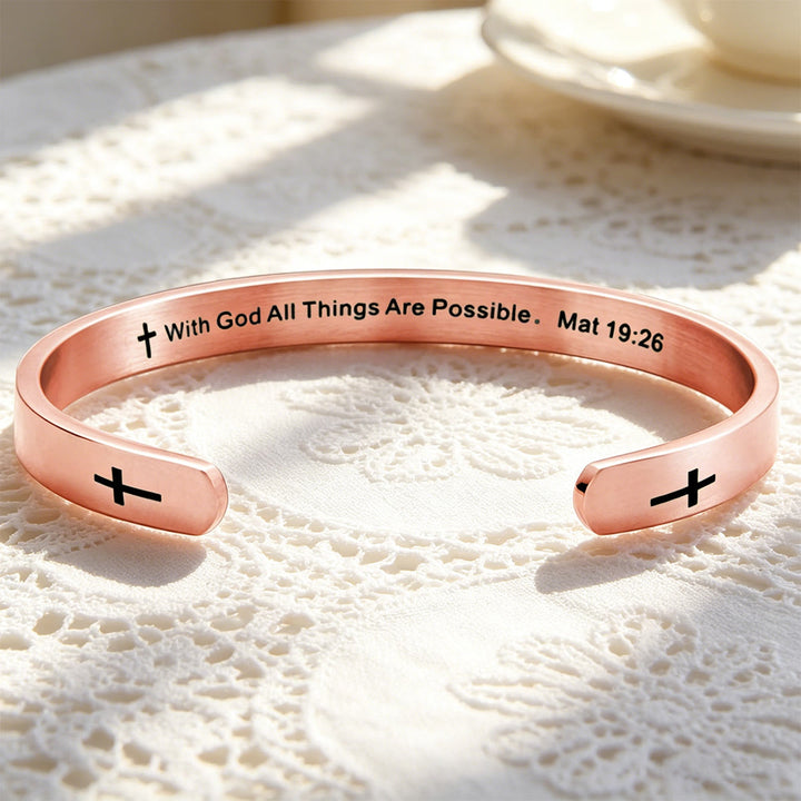 Christianartworkshop Armband mit Kreuzanhänger (Matthäus 19,26): Mit Gott ist alles möglich (Glaubenssymbol) - Roségold - image 0