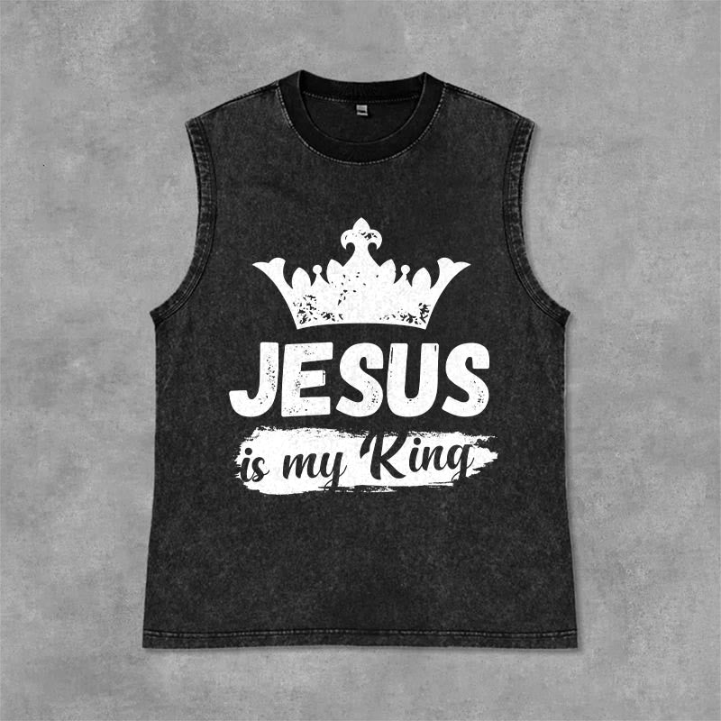 Christianartworkshop Jesus Is My King Crown Unisex Washed Tank Top - Schwarz - 2XL - image 6