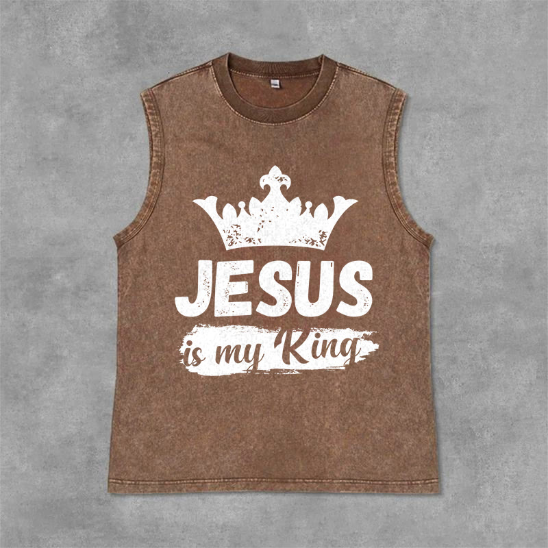 Christianartworkshop Jesus Is My King Crown Unisex Washed Tank Top - Braun - 2XL - image 0