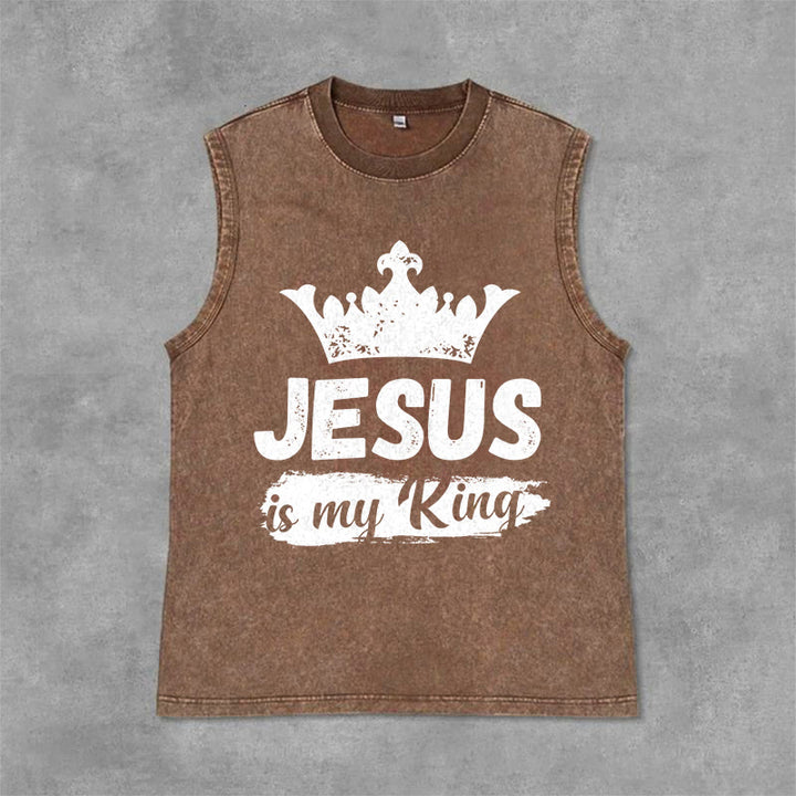 Christianartworkshop Jesus Is My King Crown Unisex Washed Tank Top - Braun - 2XL - image 0