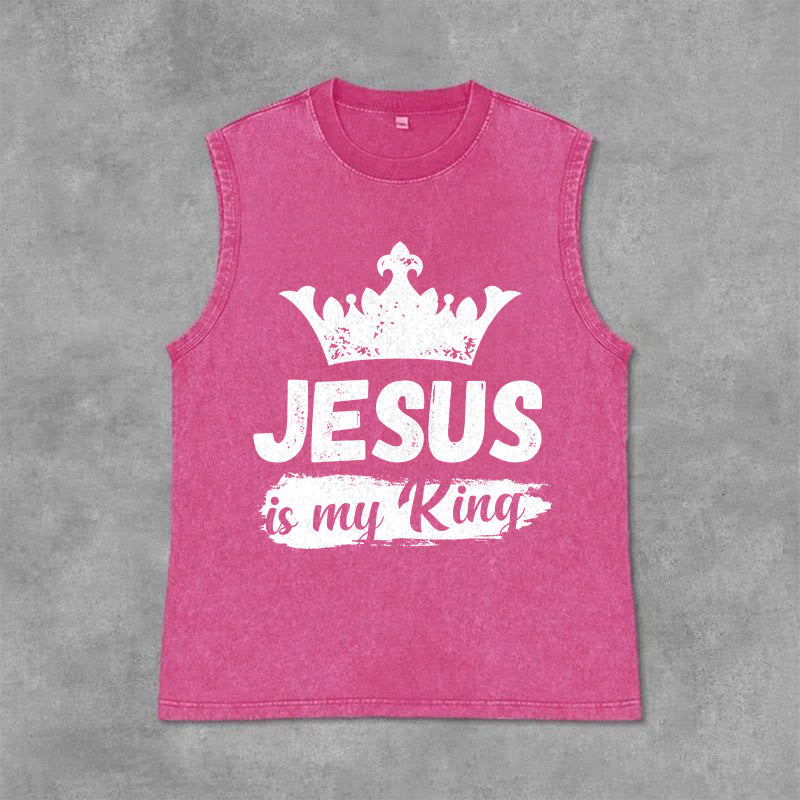 Christianartworkshop Jesus Is My King Crown Unisex Washed Tank Top - Rosa - 2XL - image 12