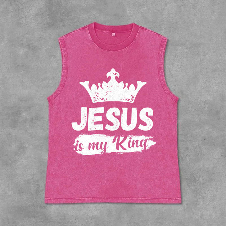 Christianartworkshop Jesus Is My King Crown Unisex Washed Tank Top - Rosa - 2XL - image 12