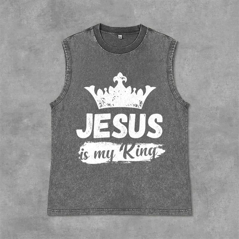 Christianartworkshop Jesus Is My King Crown Unisex Washed Tank Top - Grau - 2XL - image 9