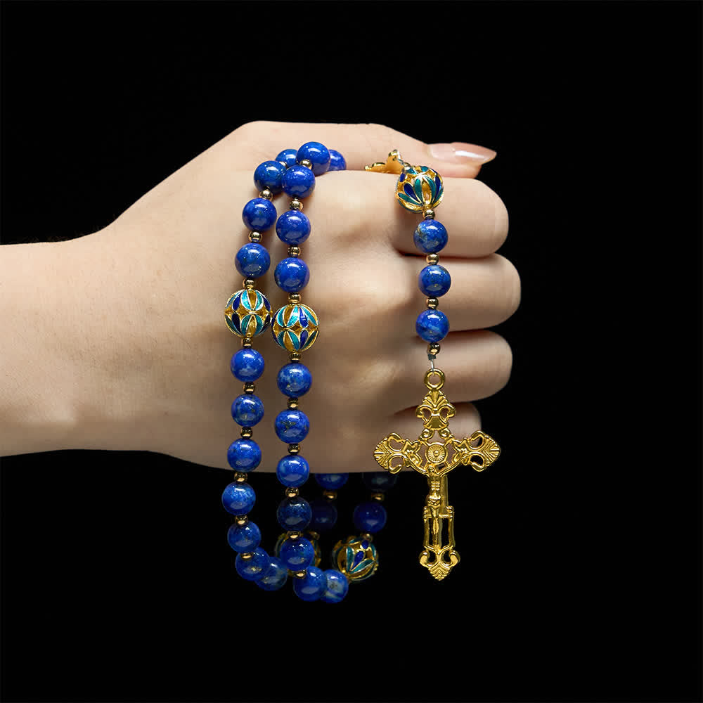 Christianartworkshop Vintage Rosenkranz „Unsere Liebe Frau“ in tiefblauem Lapislazuli mit Cloisonné-Emaille-Akzenten - image 1