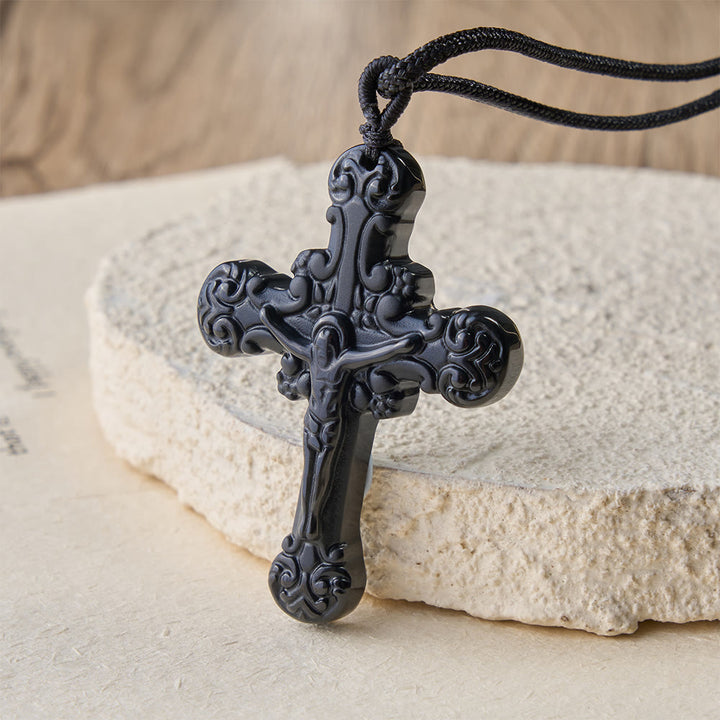 Christianartworkshop Klassische, handgefertigte Obsidian-Kruzifix-Halskette - Schwarz - image 0