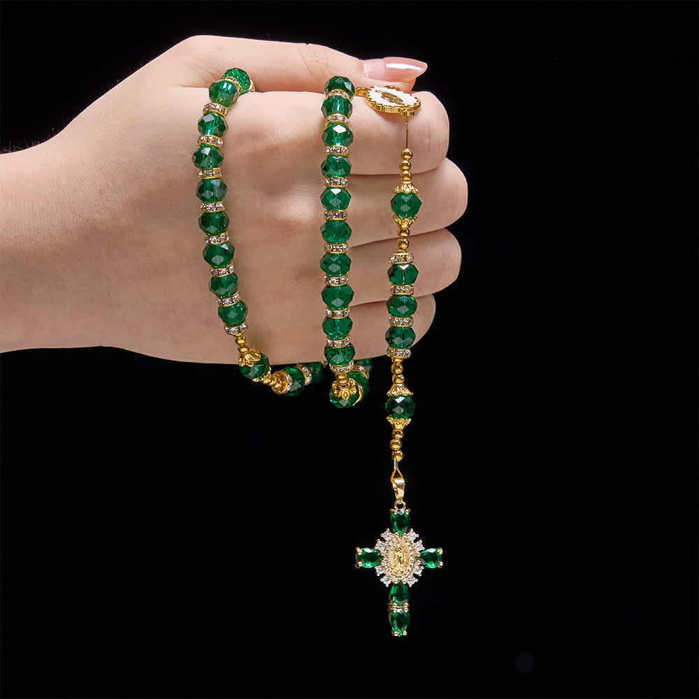 Christianartworkshop Rosenkranz aus smaragdgrünem, facettiertem Glas mit luxuriösem Marienkreuz - image 1