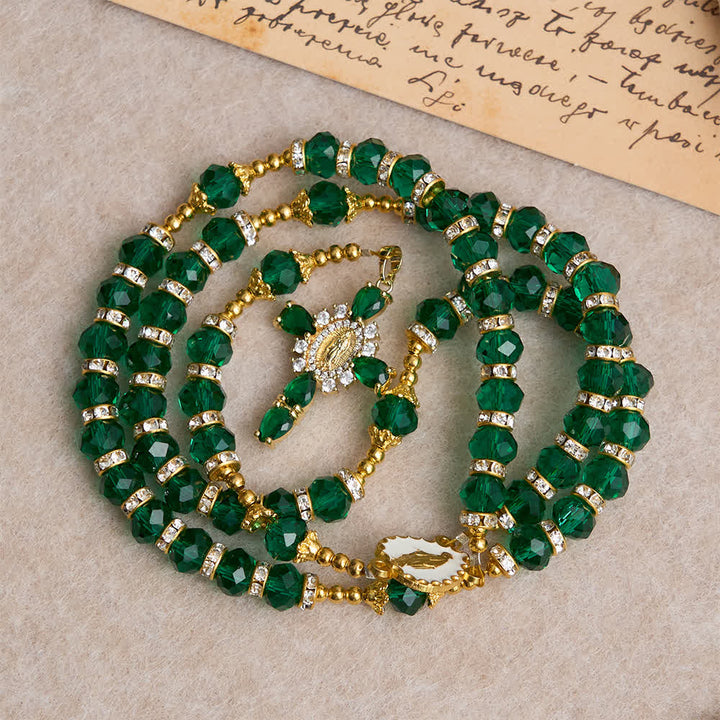 Christianartworkshop Rosenkranz aus smaragdgrünem, facettiertem Glas mit luxuriösem Marienkreuz - image 4
