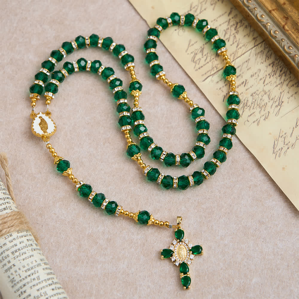 Christianartworkshop Rosenkranz aus smaragdgrünem, facettiertem Glas mit luxuriösem Marienkreuz - Unsere Liebe Frau und das Kreuz - image 0