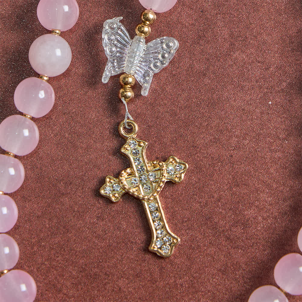 Christianartworkshop Rosenkranz aus zartrosa Glas mit Schmetterlingsmotiv, funkelnder Marienfigur und Kreuz - image 5