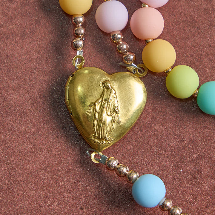 Christianartworkshop Mehrfarbiger Pastellrosenkranz mit goldenen Sternen als Zwischenstücken und Herzmedaillon der Muttergottes - image 5