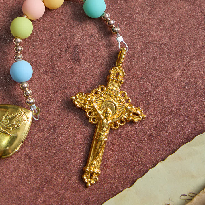 Christianartworkshop Mehrfarbiger Pastellrosenkranz mit goldenen Sternen als Zwischenstücken und Herzmedaillon der Muttergottes - image 7