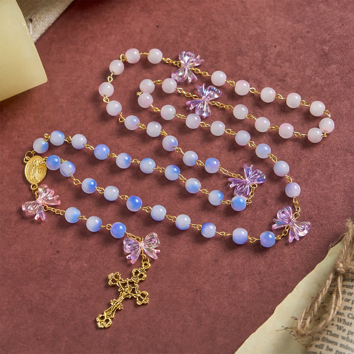 Christianartworkshop Rosenkranz mit UV-Farbwechsel-Glasperlen und lila Schleife: Wo Sonnenlicht auf Glauben trifft - image 4