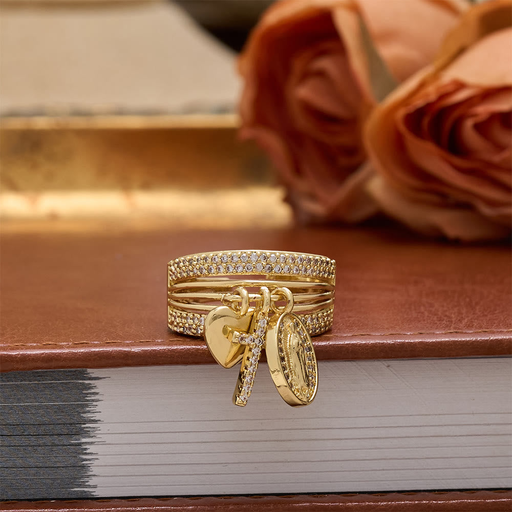 Christianartworkshop Offener Ring mit Zirkon-Anhänger in Kreuz- und Herzform mit Jungfrau Maria: Ein Symbol marianischer Gnade und heiliger Liebe - image 6