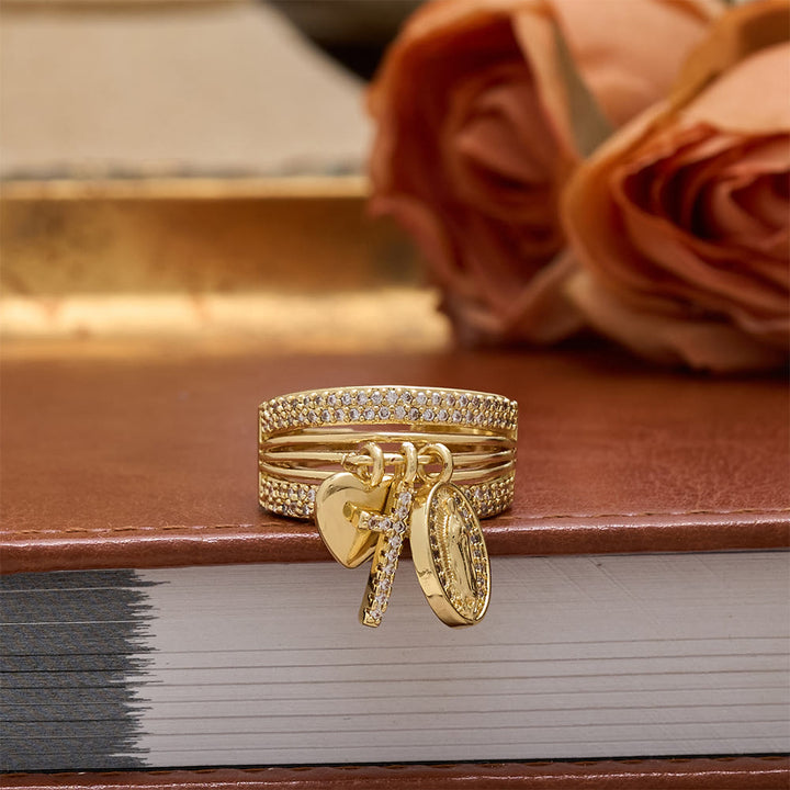 Christianartworkshop Offener Ring mit Zirkon-Anhänger in Kreuz- und Herzform mit Jungfrau Maria: Ein Symbol marianischer Gnade und heiliger Liebe - image 6