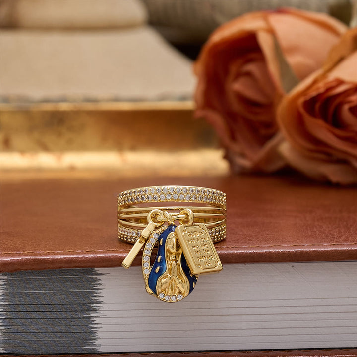 Christianartworkshop Offener Ring mit Zirkon-Anhänger in Kreuz- und Herzform mit Jungfrau Maria: Ein Symbol marianischer Gnade und heiliger Liebe - image 3