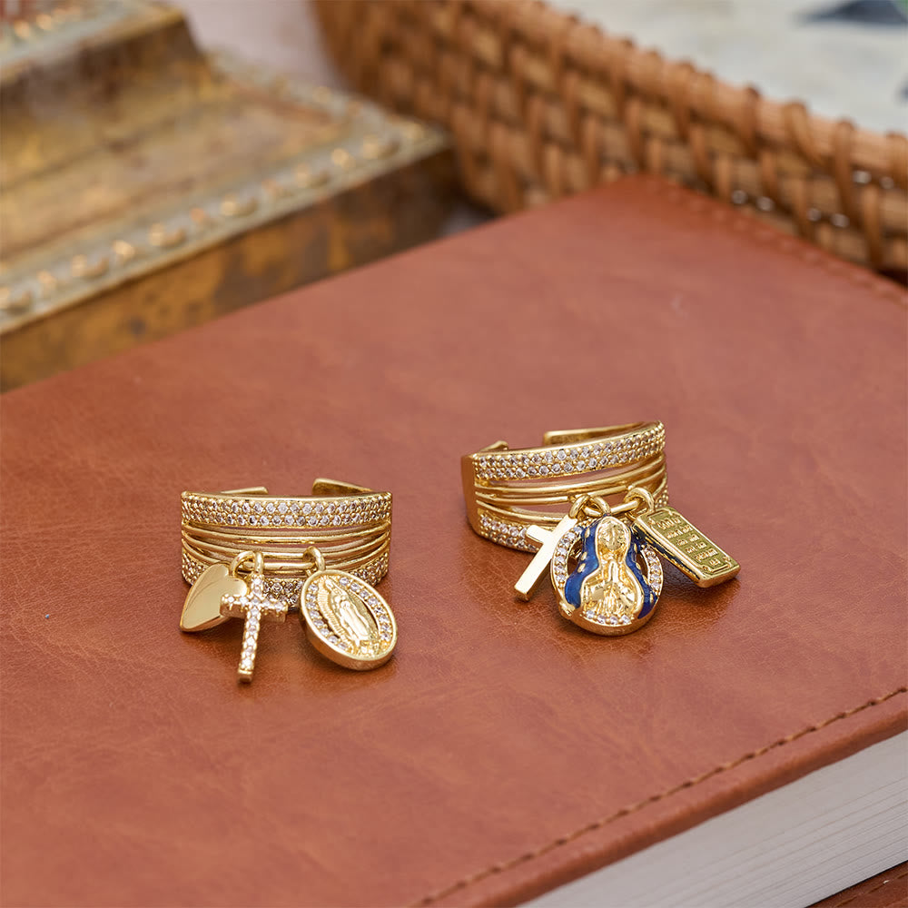 Christianartworkshop Offener Ring mit Zirkon-Anhänger in Kreuz- und Herzform mit Jungfrau Maria: Ein Symbol marianischer Gnade und heiliger Liebe - image 1