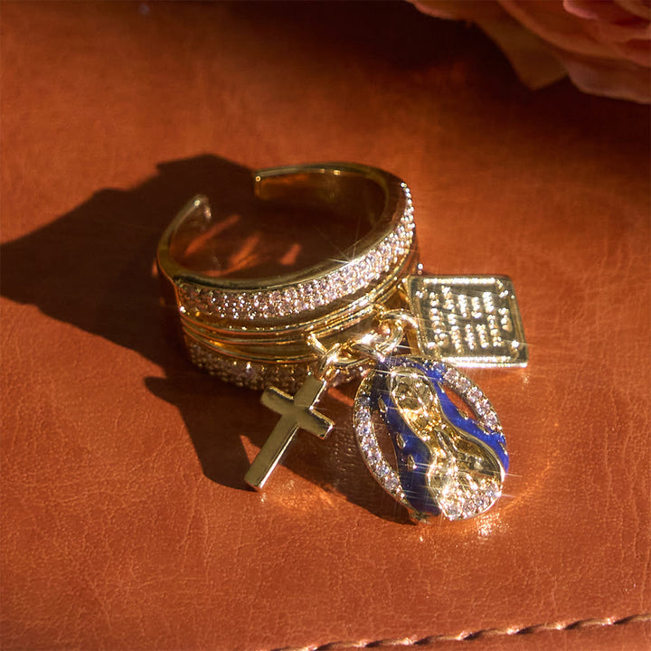 Christianartworkshop Offener Ring mit Zirkon-Anhänger in Kreuz- und Herzform mit Jungfrau Maria: Ein Symbol marianischer Gnade und heiliger Liebe - Blau (Passend für US-Größen 7-9) - image 0