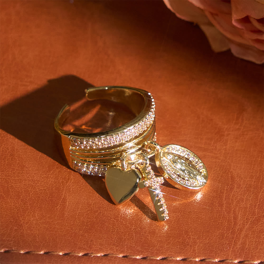 Christianartworkshop Offener Ring mit Zirkon-Anhänger in Kreuz- und Herzform mit Jungfrau Maria: Ein Symbol marianischer Gnade und heiliger Liebe - Golden (Geeignet für US-Größen 7-9) - image 5