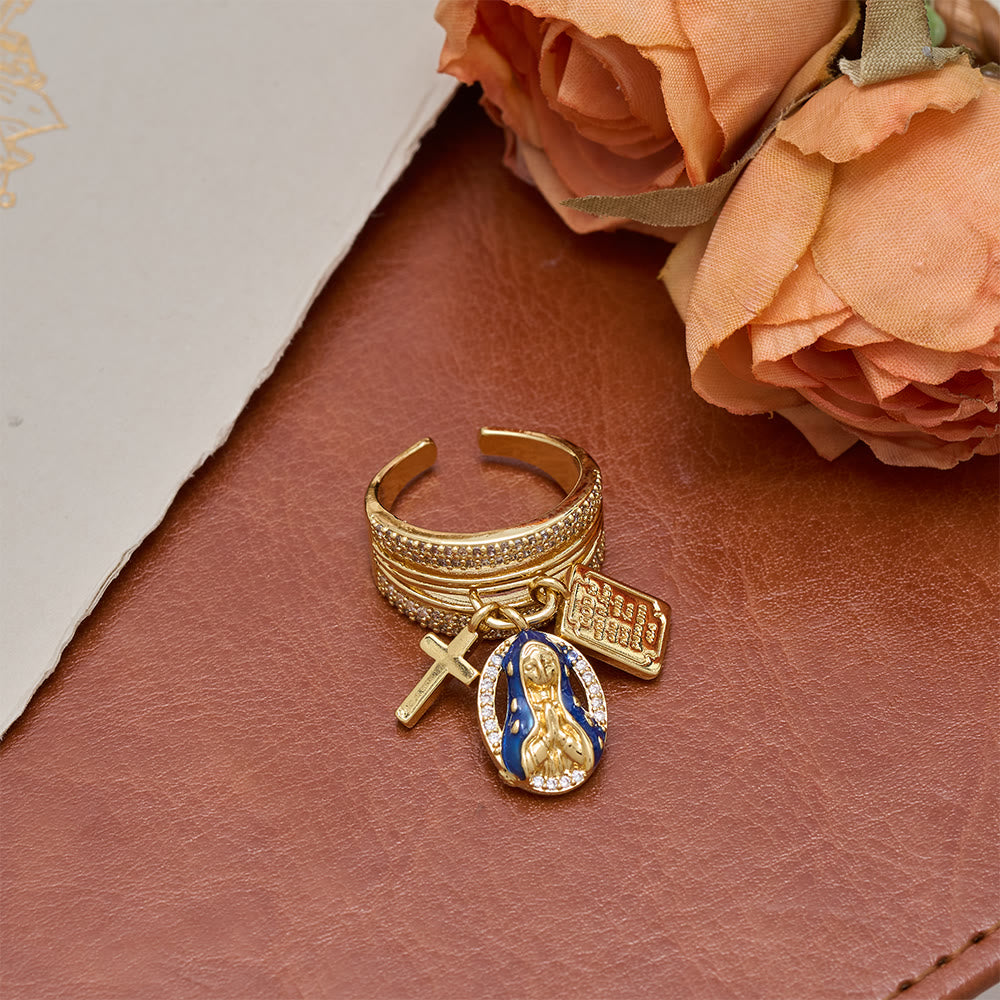 Christianartworkshop Offener Ring mit Zirkon-Anhänger in Kreuz- und Herzform mit Jungfrau Maria: Ein Symbol marianischer Gnade und heiliger Liebe - image 4