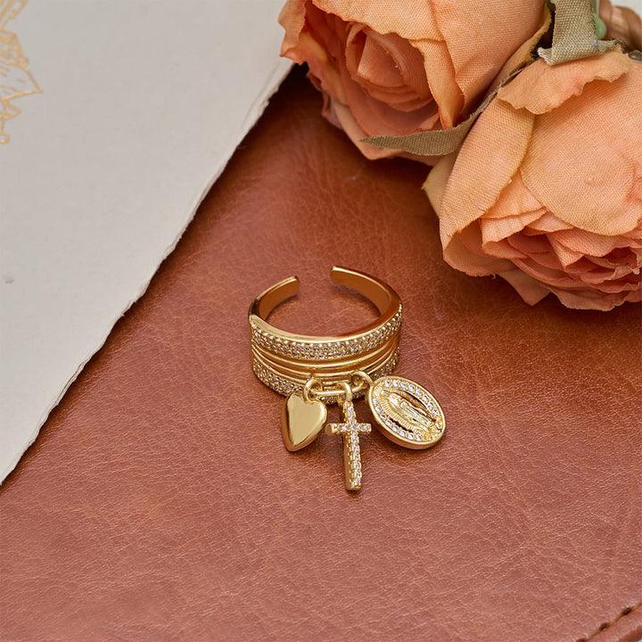 Christianartworkshop Offener Ring mit Zirkon-Anhänger in Kreuz- und Herzform mit Jungfrau Maria: Ein Symbol marianischer Gnade und heiliger Liebe - image 7