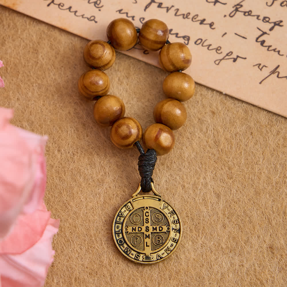 Christianartworkshop Fingerrosenkranz aus natürlichem Kiefernholz mit antiker St.-Benedikt-Medaille - 10 Stück - image 0