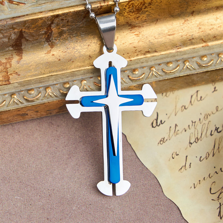 Christianartworkshop Dreireihige Halskette mit geteiltem Kreuzanhänger: Ein modernes Symbol unerschütterlichen Glaubens - Blau - image 0