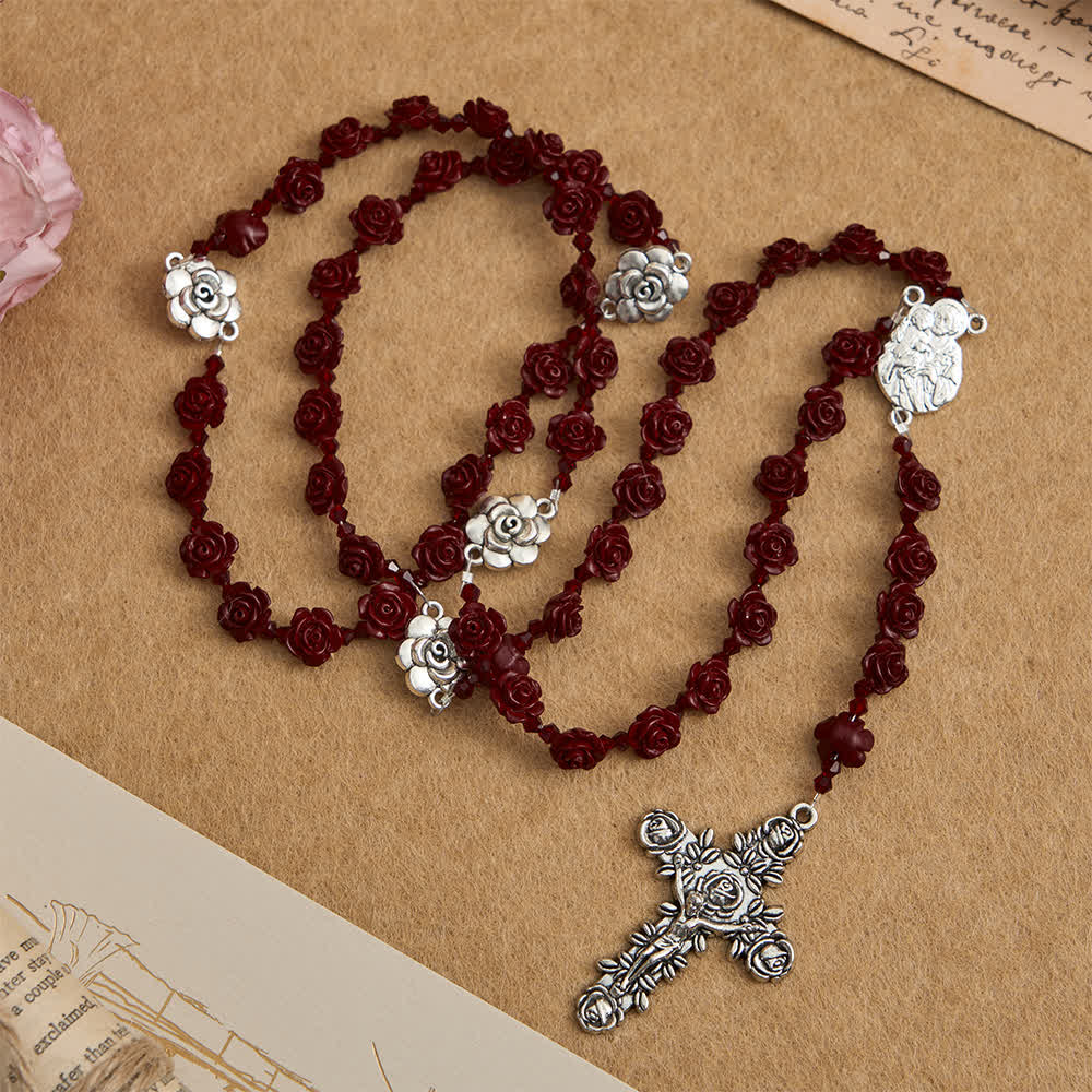 Christianartworkshop Rosenkranz aus zinnoberroten Rosenperlen mit Mittelstück der Heiligen Familie - image 3
