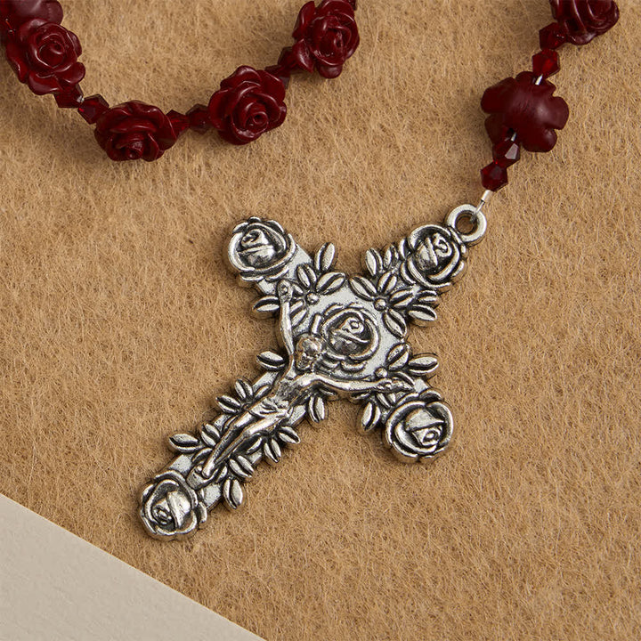 Christianartworkshop Rosenkranz aus zinnoberroten Rosenperlen mit Mittelstück der Heiligen Familie - image 7