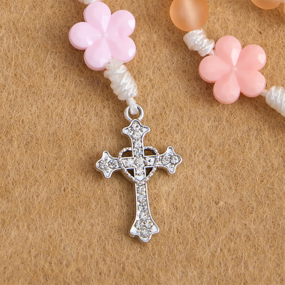 Christianartworkshop Rosenkranz aus pfirsichfarbenen, orangefarbenen, mattierten Perlen und rosa Kamelienblüten: die Reinheit der Frühlingsblüten - image 7