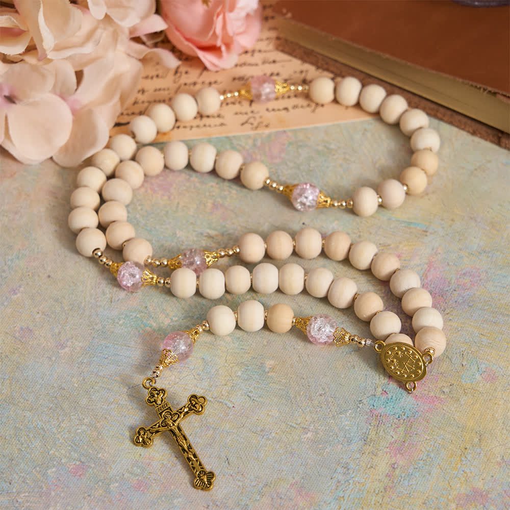 Christianartworkshop Rosenkranz aus Naturholz und rosa Crackle-Glas mit Marienanhänger - image 3
