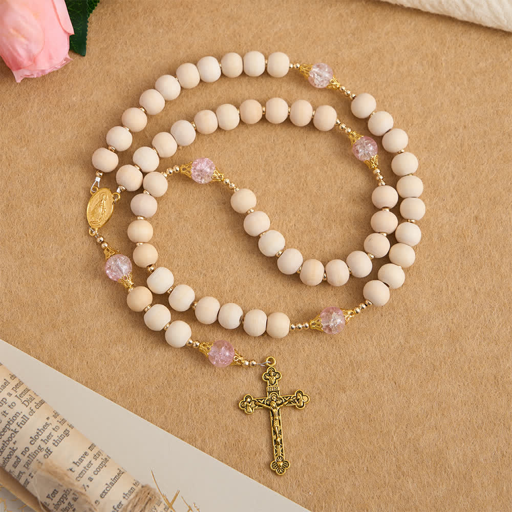 Christianartworkshop Rosenkranz aus Naturholz und rosa Crackle-Glas mit Marienanhänger - Unsere Liebe Frau und das Kruzifix - image 0