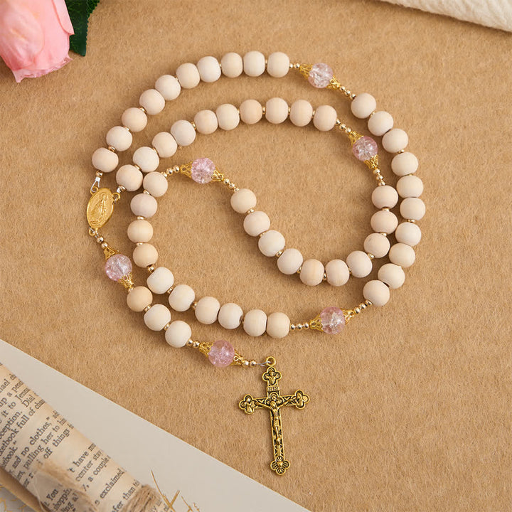Christianartworkshop Rosenkranz aus Naturholz und rosa Crackle-Glas mit Marienanhänger - Unsere Liebe Frau und das Kruzifix - image 0