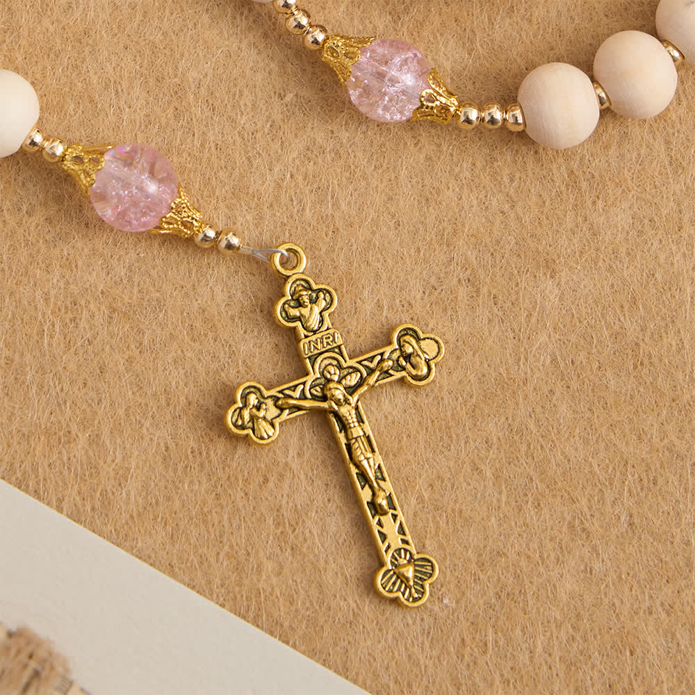 Christianartworkshop Rosenkranz aus Naturholz und rosa Crackle-Glas mit Marienanhänger - image 7