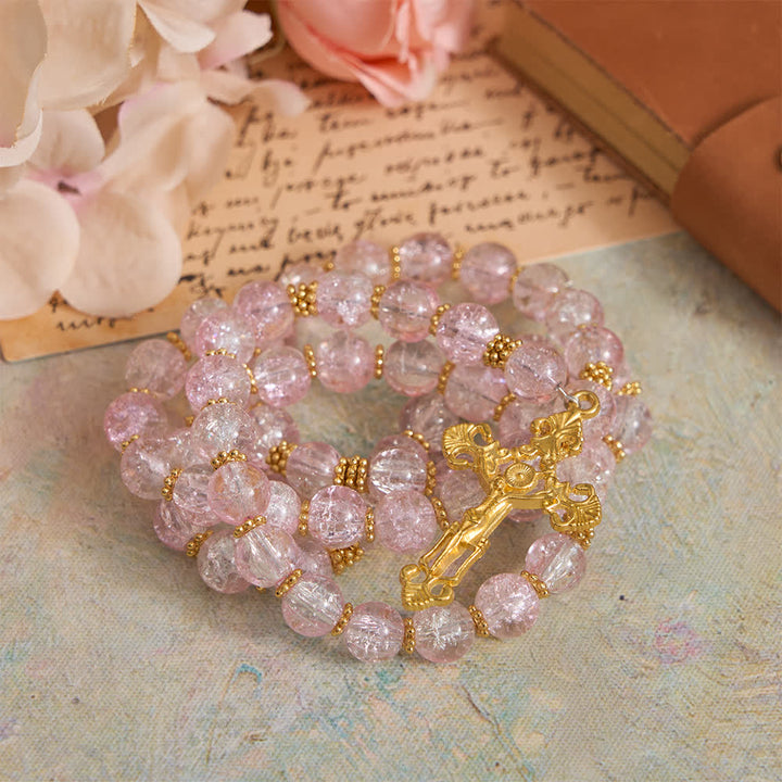 Christianartworkshop Rosenkranz aus rosa und weißem Crackle-Glas mit verziertem Kruzifix - image 5