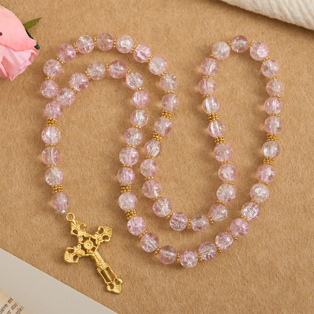 Christianartworkshop Zweifarbiger Rosenkranz aus Crackle-Glas mit kunstvollem Kruzifix: Ein heiliges Andenken für die Seele - Rosa - image 9