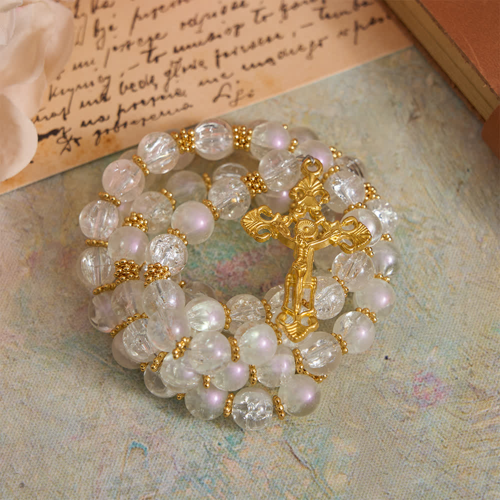 Christianartworkshop Rosenkranz aus rosa und weißem Crackle-Glas mit verziertem Kruzifix - image 12