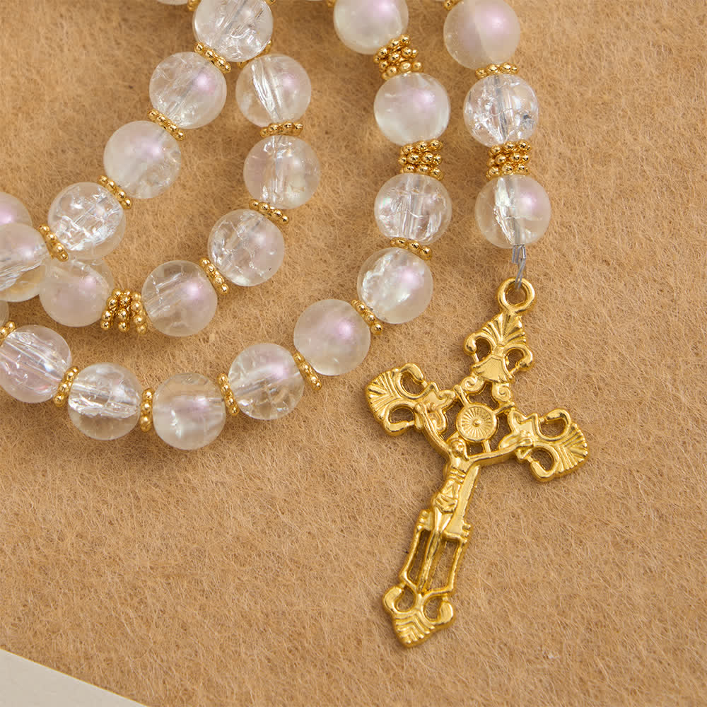 Christianartworkshop Rosenkranz aus rosa und weißem Crackle-Glas mit verziertem Kruzifix - image 13