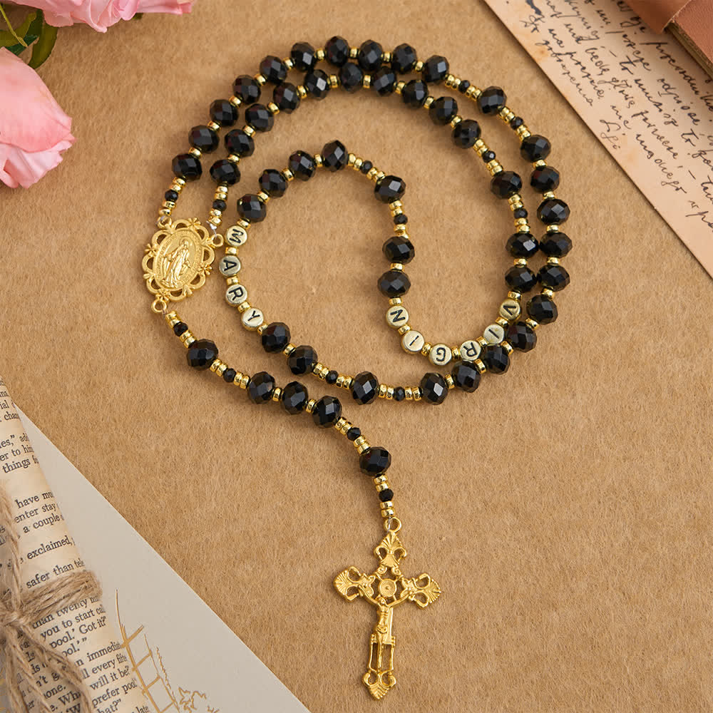 Christianartworkshop Schwarzer Rosenkranz aus facettiertem Glas mit Jungfrau Maria und individuellen Namensbuchstaben für Mama - Jungfrau Maria - image 0