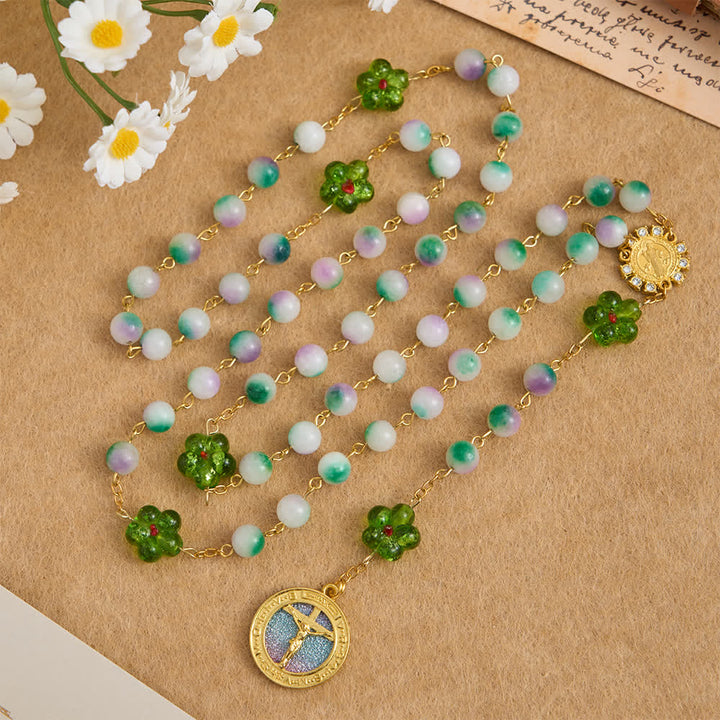 Christianartworkshop Rosenkranz aus violettem Chalcedon mit grüner Blume und funkelndem Kruzifix - image 4